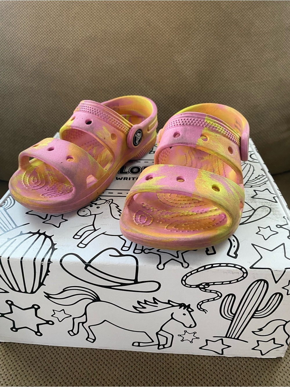CROCS Kids Pink and Yellow Marble Clog Sandals
